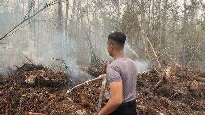 Gerak Cepat Padamkan Karhutla, Personel Satbrimob Polda Kalteng Lakukan Pemadaman dan Pembasahan di Jalan Tjilik Riwut Km 39